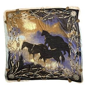 Vintage Wild Horses Running Scenic Sheer Square Scarf Ropes Equestrian Border